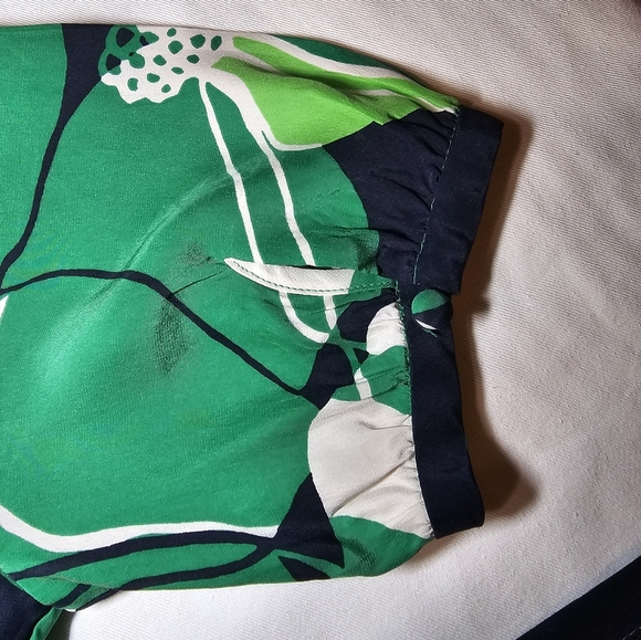 Banana Republic 100% Silk Wrap Dress Large Floral Pattern Green & Navy & White - Picture 9 of 9